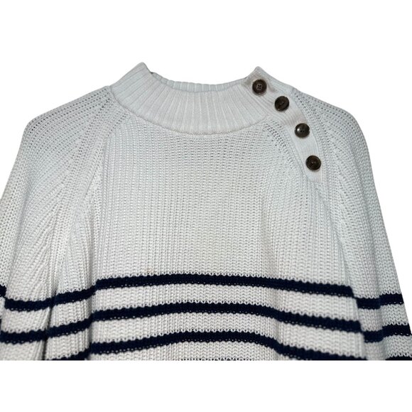 J.Crew Knit Sweater Women Medium White Blue Striped Nautical Fisherman Mock Neck - Picture 7 of 14